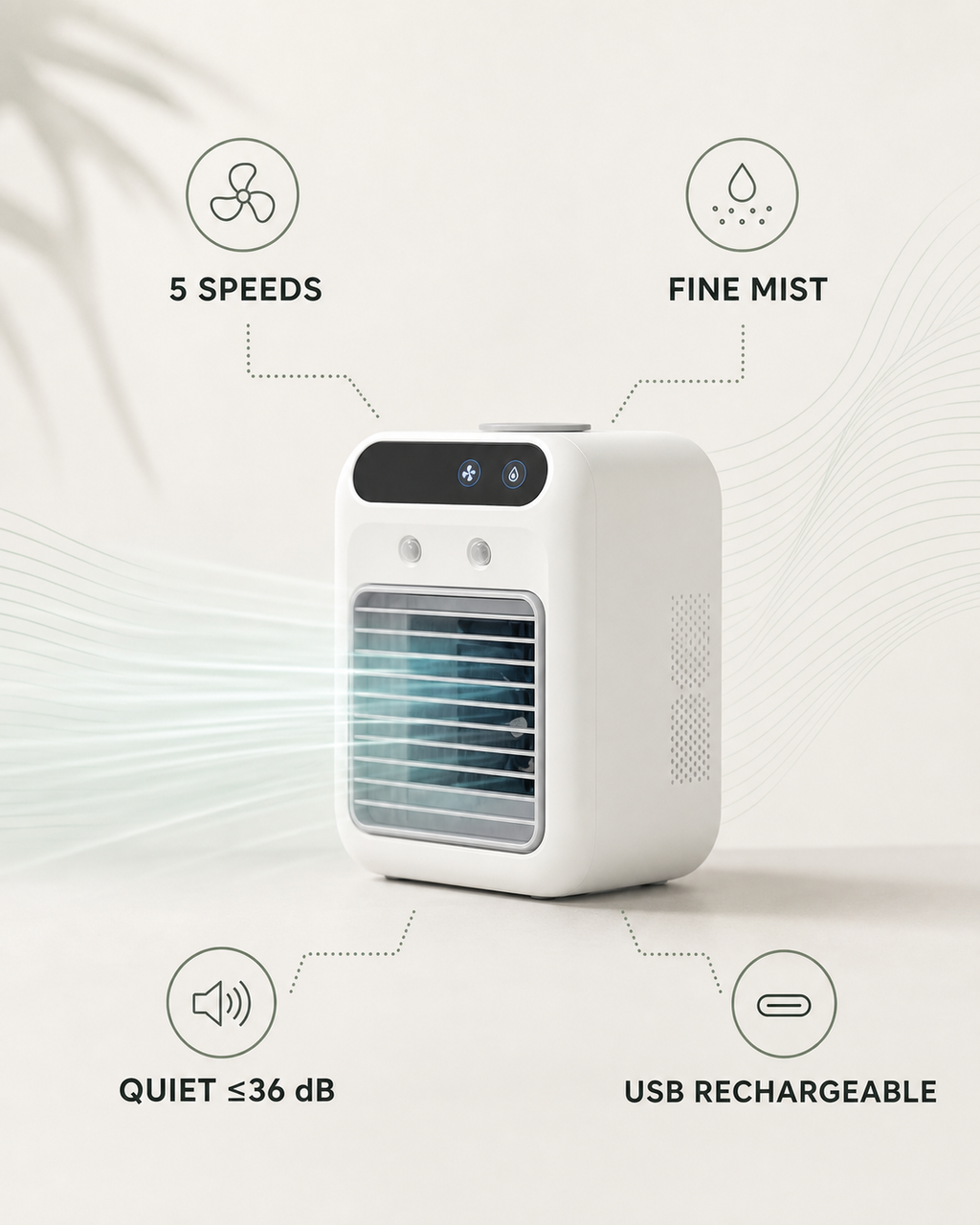 Five speeds, fine mist, quiet operation and USB rechargeable features