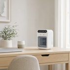 Compact personal air cooler on a bright modern desk